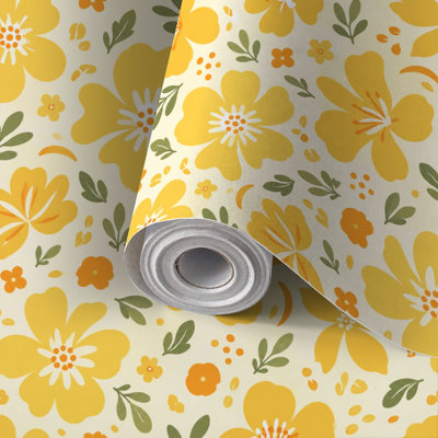Papier peint adhésif jaune vif à motifs floraux et à feuilles vertes, amovible et décoratif, idéal pour les locataires et parfait pour une chambre, un salon, une cuisine ou une salle de bain.