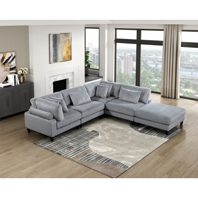 Ensemble modulaire 5 pièces 5 pièces Modular Velours côtelé gris 2X Fauteuils sans accoudoirs 2X Sièges d'angle 1X Repose-pieds Coussins Mobilier de salon