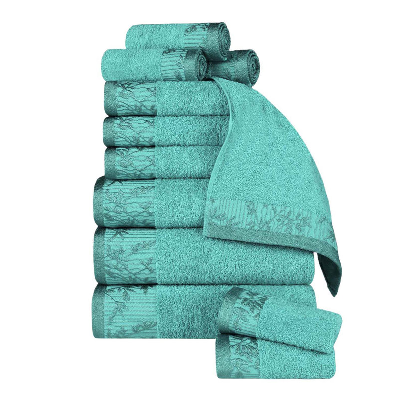 Carinna Cotton Medium Weight Floral Jacquard Border Assorted Bathroom Towel Set, Turquoise, 12 Piece Towel Set