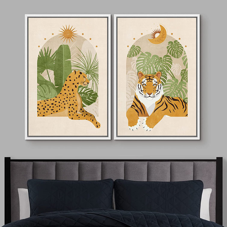 IDEA4WALL Indian Bengal Tiger Tropical Monstera Jungle Nature Wilderness  Framed On Canvas Pieces Print Wayfair