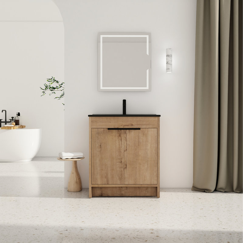 Armoire de salle de bain 30 po avec lavabo et 2 portes - Lavabo en céramique noire, Naturel/noir, 30"
