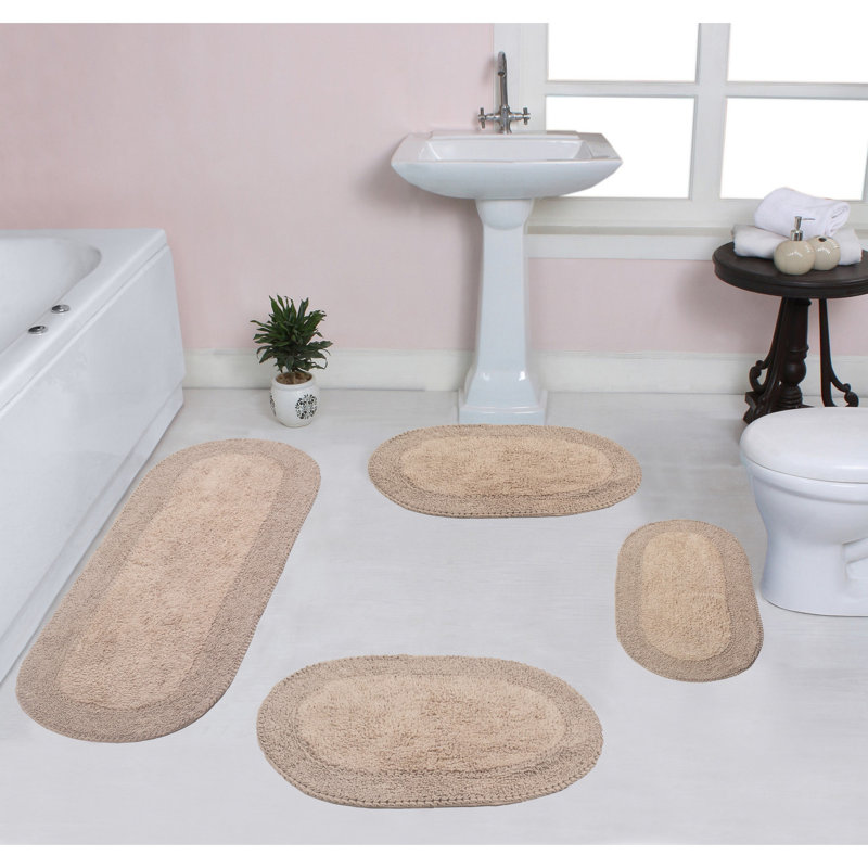 Eveland Runner 100% Cotton Non-Slip 4 Piece Bath Rug Set, Linen