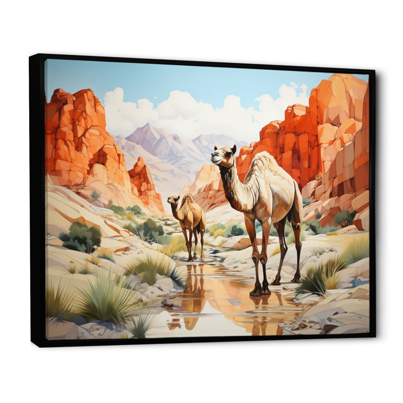 «Camel Desert Wanderer Geometric», reproduction sur toile, H 24 po x l 32 po x P 1 po, Cadre flottant noir