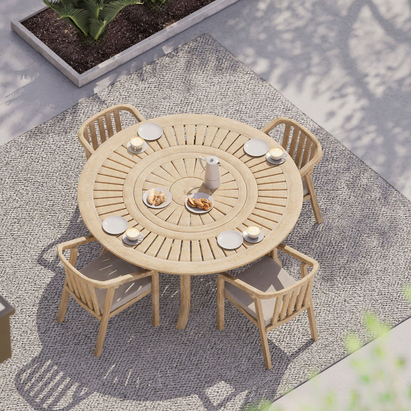 4 - Person Acacia Wood Patio Dining Set with Round Table , Cushions Included