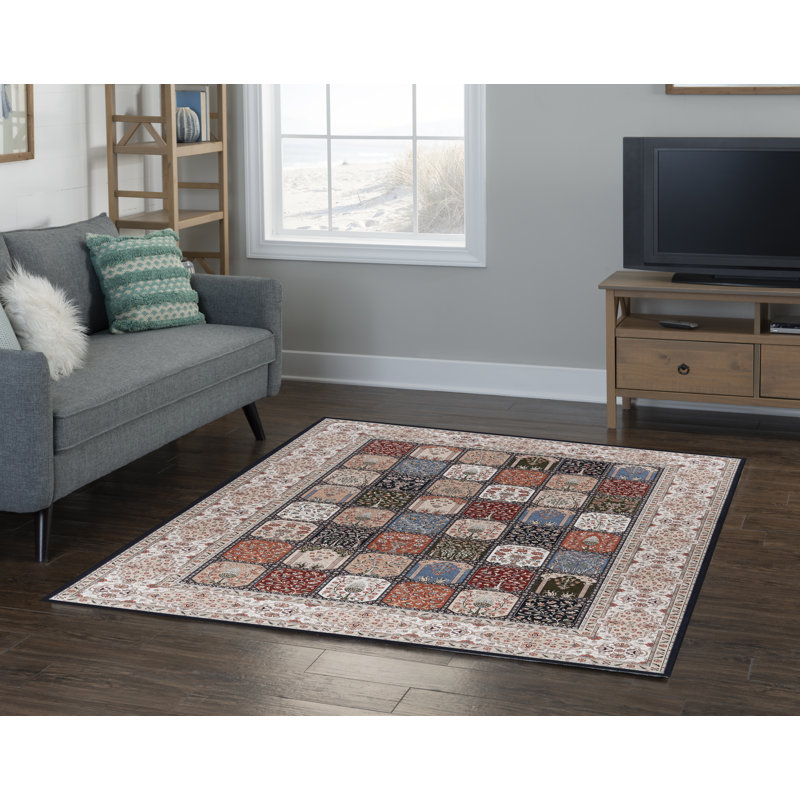 Tapis ivoire et noir tissé à plat à la machine avec envers antidérapant Emanuel , Rectangle 5 pi x 7 pi
