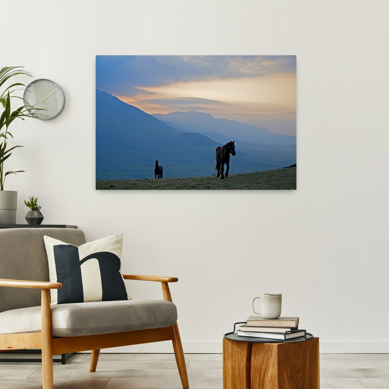 Horses On Croaghaun With Comeragh Mountains County Waterford Ireland by George Munday - Wrapped Canvas Print