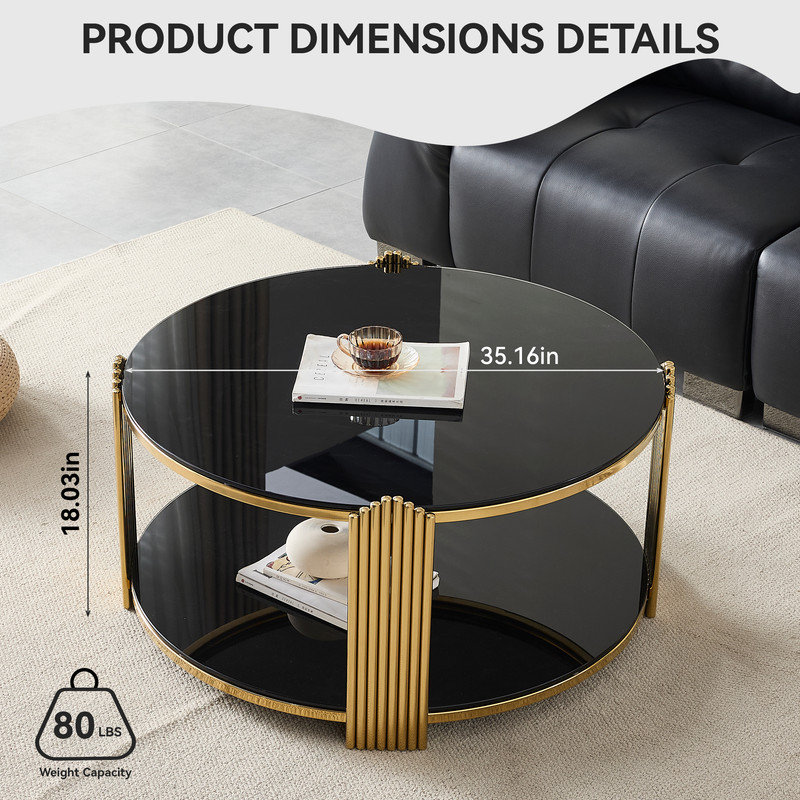 Table basse ronde à deux niveaux de 35 po, verre trempé noir avec cadre cannelé en acier inoxydable doré, table basse de luxe moderne pour le salon