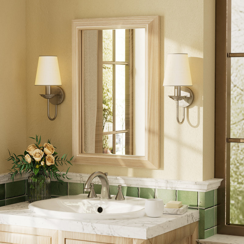 Amara Tempered Glass Mounted Wall Mirror, 24" x 16", Light Yellow Wood