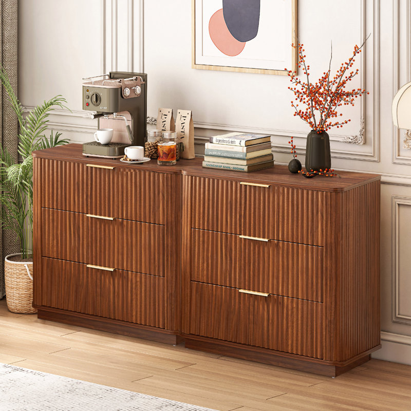 23.6"W Fluted 3 Drawers Dresser Nightstand, Walnut, 2