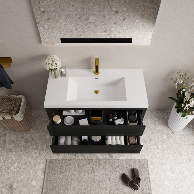 Meuble-lavabo de 42 po avec lavabo et rangement flottant, comptoir en résine de pierre, tiroirs à fermeture en douceur, bois, pré-assemblé, dommages et performance durable