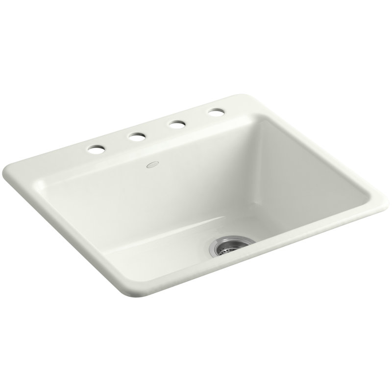 Riverby® 25" L x 22" W x 9-5 8" Bar Kitchen Sink with Basin Rack, Biscuit, 4 holes