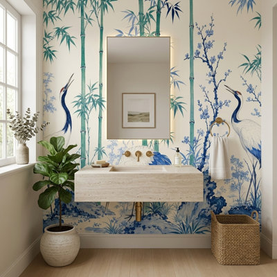 Papier peint mural de grue chinoiserie, oiseau en bambou bleu et blanc, style botanique