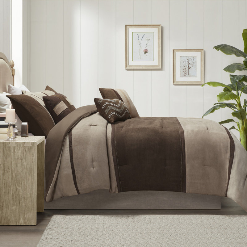 Ensemble d'édredon en faux suède luxueux 7 pièces hypoallergénique - très grand, brun