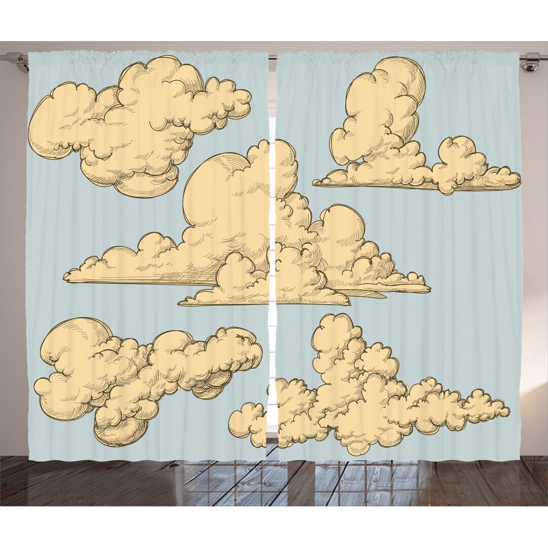 Rustikaler Vorhang, Cartoon Fluffy Clouds Kunst, Kids, Beige Blau