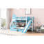 Lit superposé simple bleu avec 2 tiroirs, 3 tablettes et une glissoire en bois de pin massif, convenant à un décor de chambre à coucher-129943895-129943897