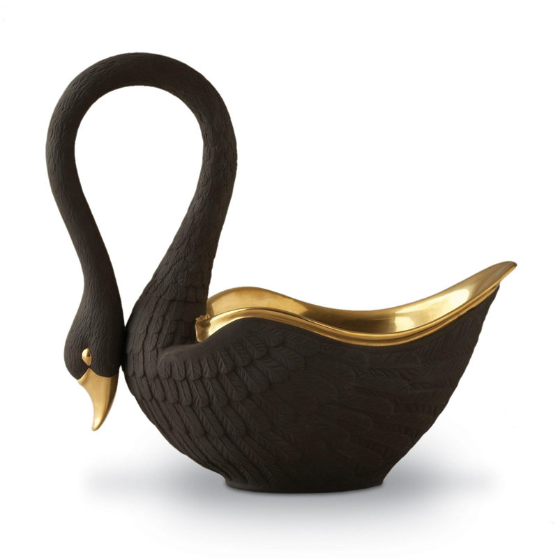 Swan Bowl, Black/Gold, 13" H x 7" W x 14" D