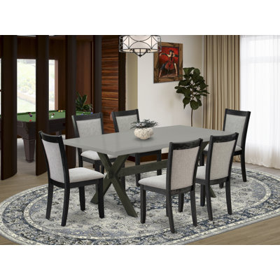 7 Piece Kitchen Table & Chairs Set Consist of a Rectangle Dining Room Table with X-Legs and 6 Shitake Linen Fabric Parson Chairs, Wire brushed Black