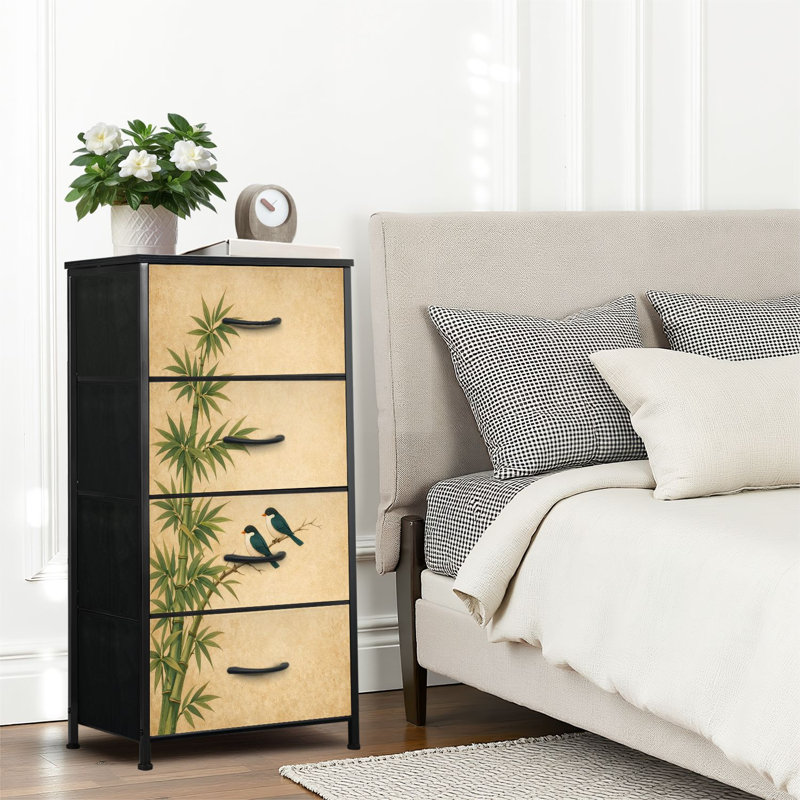 Commode 4 tiroirs pour chambre à coucher, commode étroite, plateau en bois et structure de bureau en fer 18 po x 37,5 po (lxH) - avec des tiges de bambou vertes et deux oiseaux perchés