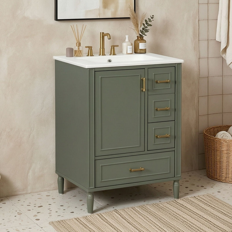 Meuble-lavabo de salle de bain avec lavabo en céramique et 3 tiroirs, Vert olive