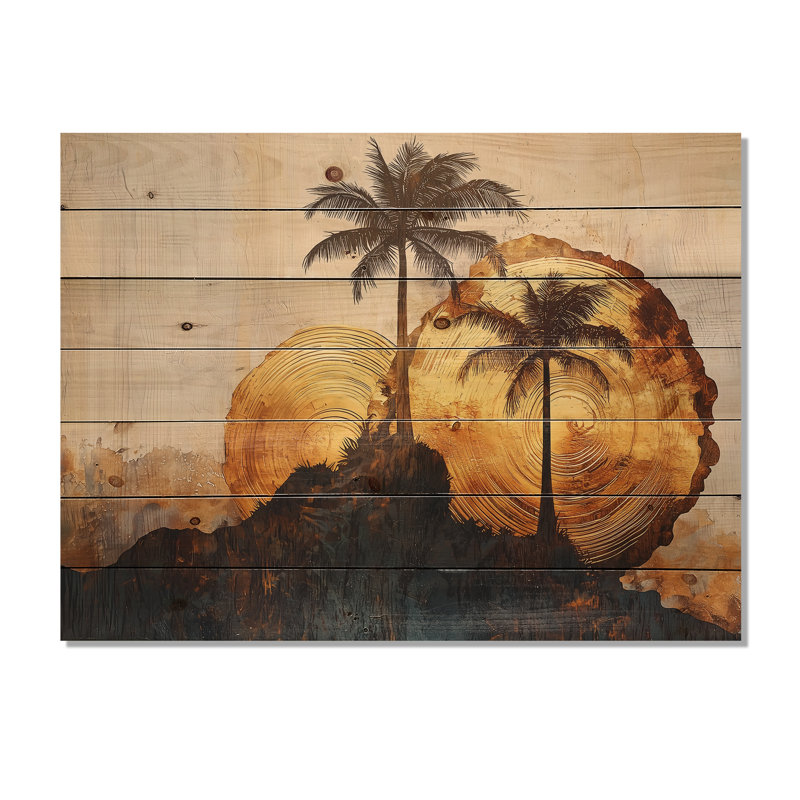 Copper Palms Tree On Wood Landscape II - Palms & Palm Trees Wood Wall Art - On Natural Pine Wood, 24" H x 32" W x 0.78" D
