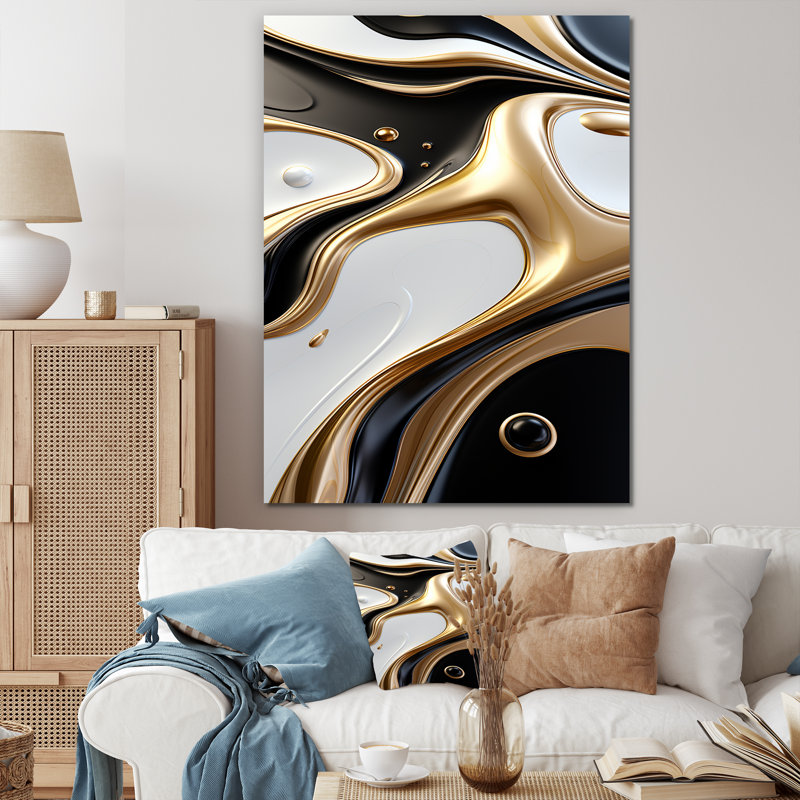 Dimensions de la vague liquide noir et blanc liquide sur toile, H 40 po x l 30 po x P 1,5 po, Toile tendue