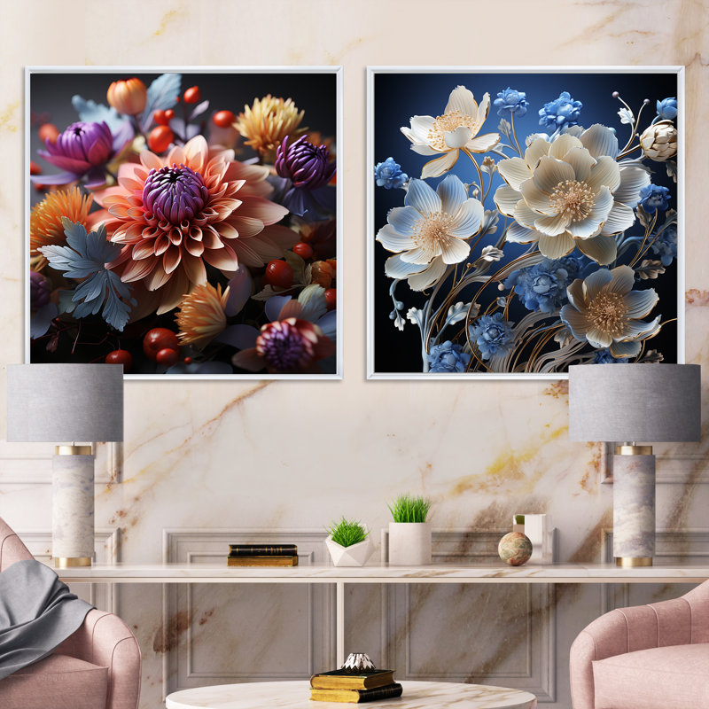 Ensemble de 2 fleurs de néon rose et bleu, Cadre flottant blanc, H 36 po x l 73 po