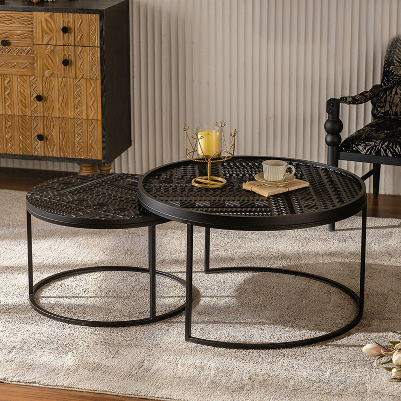 Ensemble de tables basses rondes en fer massif noir Retro