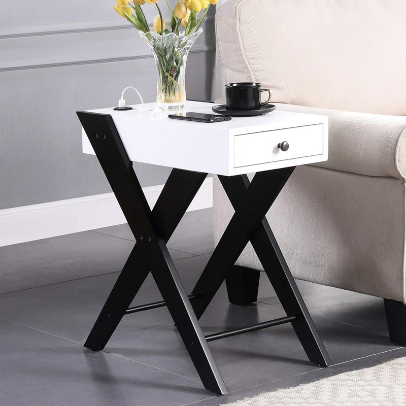Accent Table With , Rectangular Side Table, White And Black, Kd, 1 Drawer Storage, Legs, Top, 22 In Wide, 13 Deep, 24 Tall Black Charging Function,
