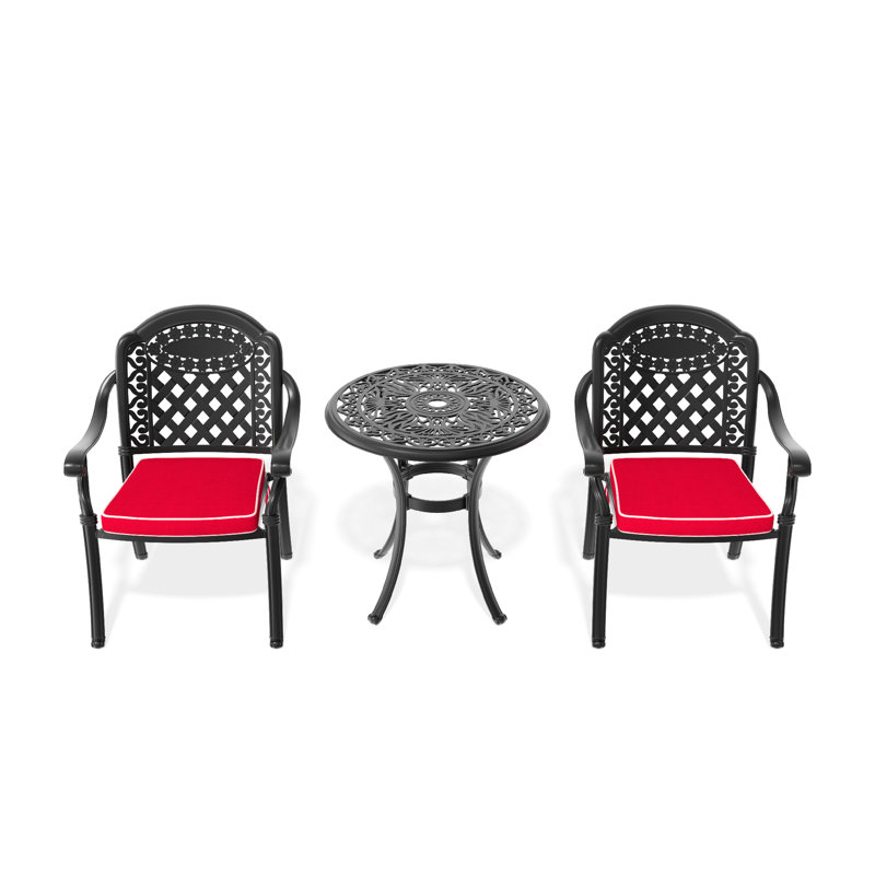 3 coussins de patio en aluminium coulé, noir, coussins de couleur aléatoire pour véranda, chaises empilables, table ronde avec trou pour parasol