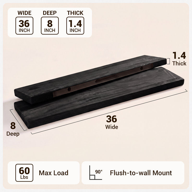 Tablette flottante murale en bois de pin récupéré rustique 2 pièces, 1.4“ H x 36” W x 8" D, Noir