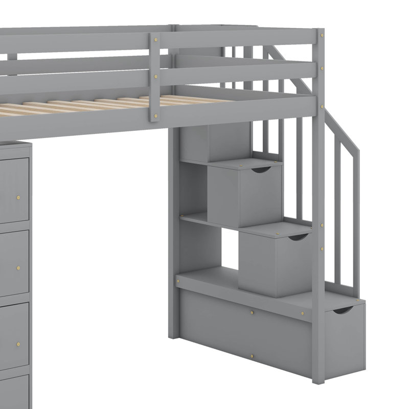 Lit mezzanine simple avec tiroirs et escaliers, Gris