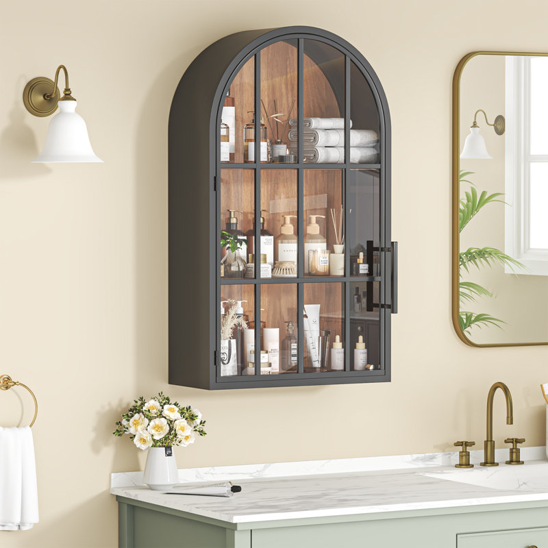 Armoire murale arquée fabriquée à la main avec porte en verre trempé - rangement en acier et bois peu encombrant