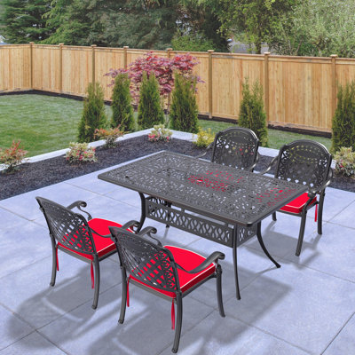 Ensemble de 5 meubles de patio en aluminium coulé, avec cadre noir et coussins de siège rouges