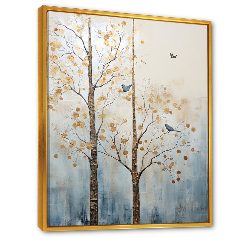 «Minimalisme doré et arbres bleus scène III», reproduction sur toile, Cadre flottant doré, H 44 po x l 34 po x P 1,5 po