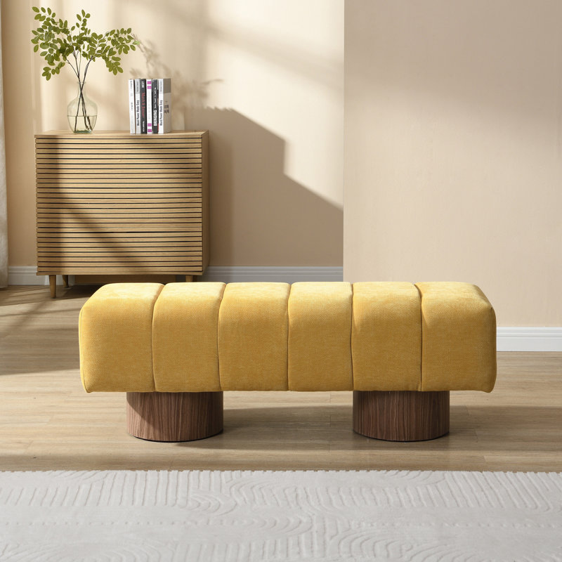 Banc de salle à manger rembourré pour la salle à manger, banc de repose-pieds sans assemblage pour le salon de la chambre à coucher, tabouret en chenille jaune avec pieds en bois et capacité de poids de 300 lb