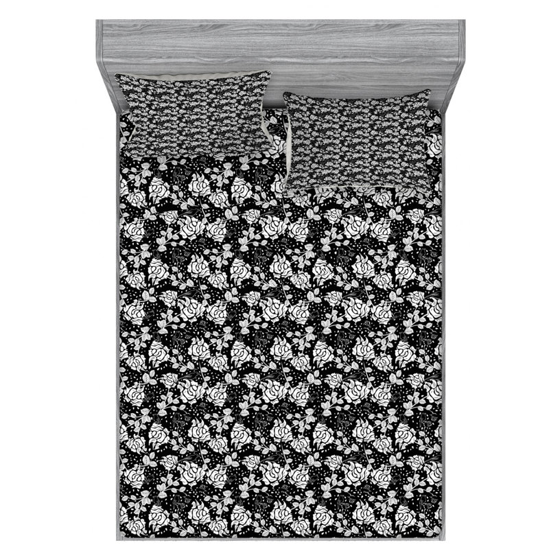 Microfiber Floral Sheet Set, Full Sheet Set + Fitted Sheet + 2 Pillowcases, Black Floral