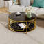 Table basse ronde avec plateau en verre trempé, structure en métal géométrique et tablette inférieure-570171076-570171078
