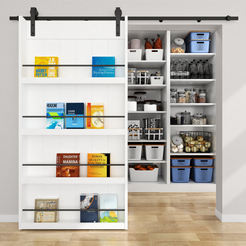 Porte de grange coulissante en panneau de fibres à densité moyenne apprêté de style tablette | Capacité maximale de 3,19 po | Quincaillerie incluse, nécessite un assemblage