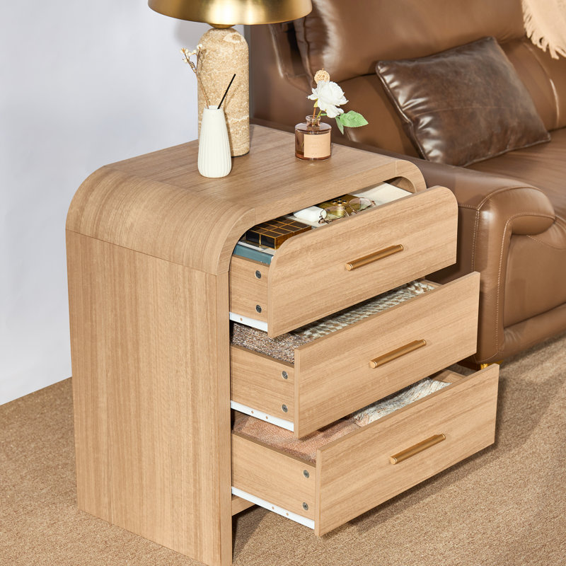 3-Drawer Nightstand with Large Rounded Corner Set of 2, Oak 