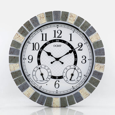 18" Illuminated Indoor/Outdoor Wall Clock with Thermometer & Hygrometer, Silent Quartz, Rustic Gray