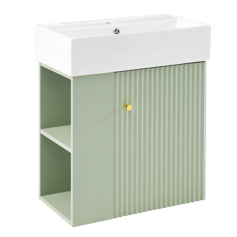 Modern Bathroom Vanity With Ceramic Basin And Wave-Patterned Door, Green