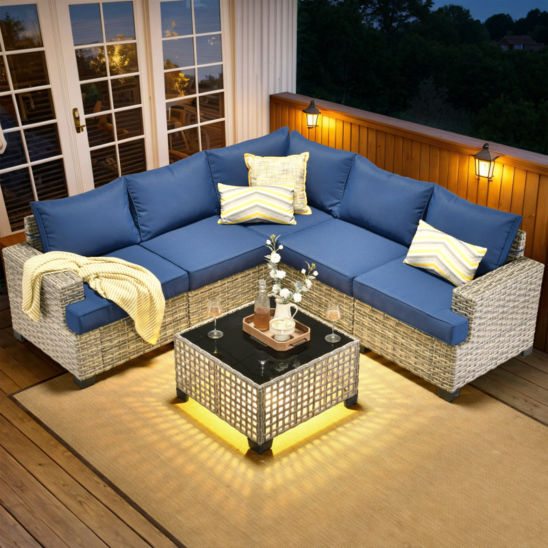 Ensemble de conversation modulaire en osier / rotin pour 5 personnes avec table basse lumineuse Wahkon, Marine