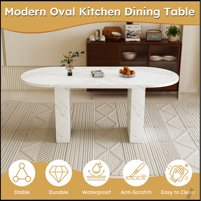 Table de salle à manger 62,9 pouces ovale pour 6 personnes, plateau en marbre avec base en bois, style campagne moderne, surface imperméable et résistante aux égratignures