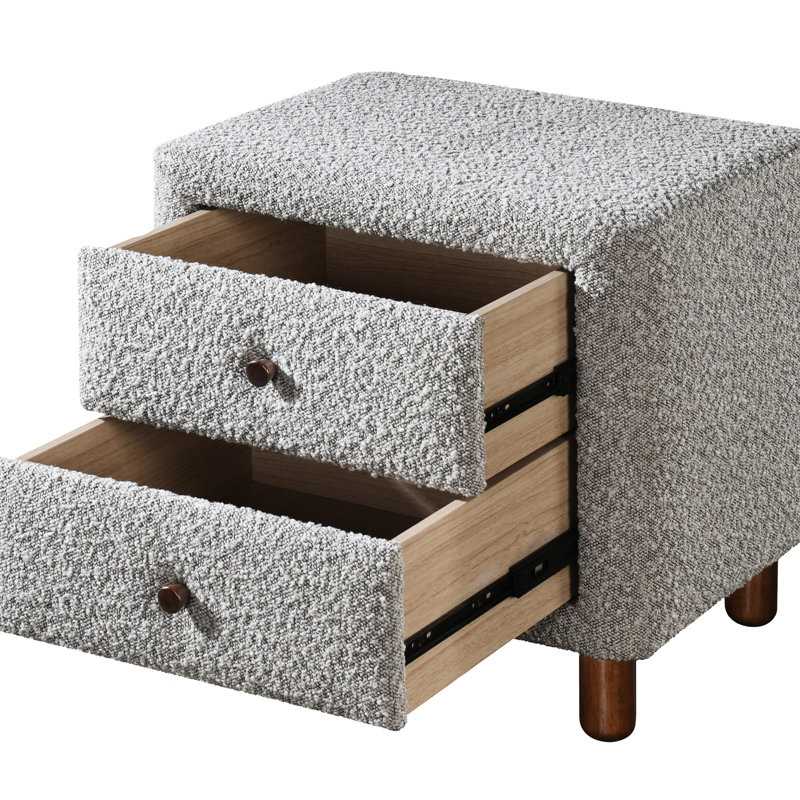 Table de chevet de chambre à coucher avec 2 tiroirs - Revêtement gris bouclé, tiroirs à cadre doux et incurvé, design moderne