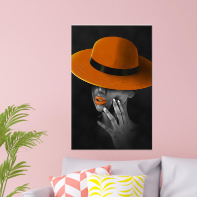 Elegant African Woman Print Canvas: Black & Orange Abstract Art,1P WhiteFramedCanvas