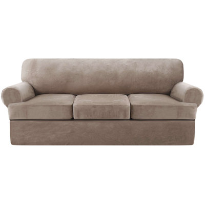 Housse en velours extensible pour canapé en T de 4 pièces pour 3 housses de canapé avec 3 housses de coussin en T individuelles Lavable à la machine