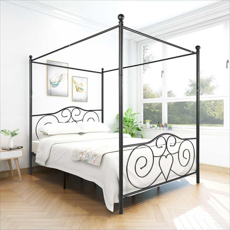 Lit plateforme à baldaquin en métal grand, style rétro, noir de jais, aucun sommier requis avec rangement sous le lit