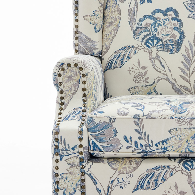 Upholstered Accent Chair, Plants Blue Polyester/Walnut