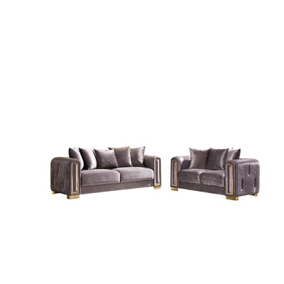 2pc Living Room In Silver Color - Soft Velvet, Birch Wood Base, Classy Gold Legs And Arm/back Trim Velvet Covering, Support, Elegant Accents