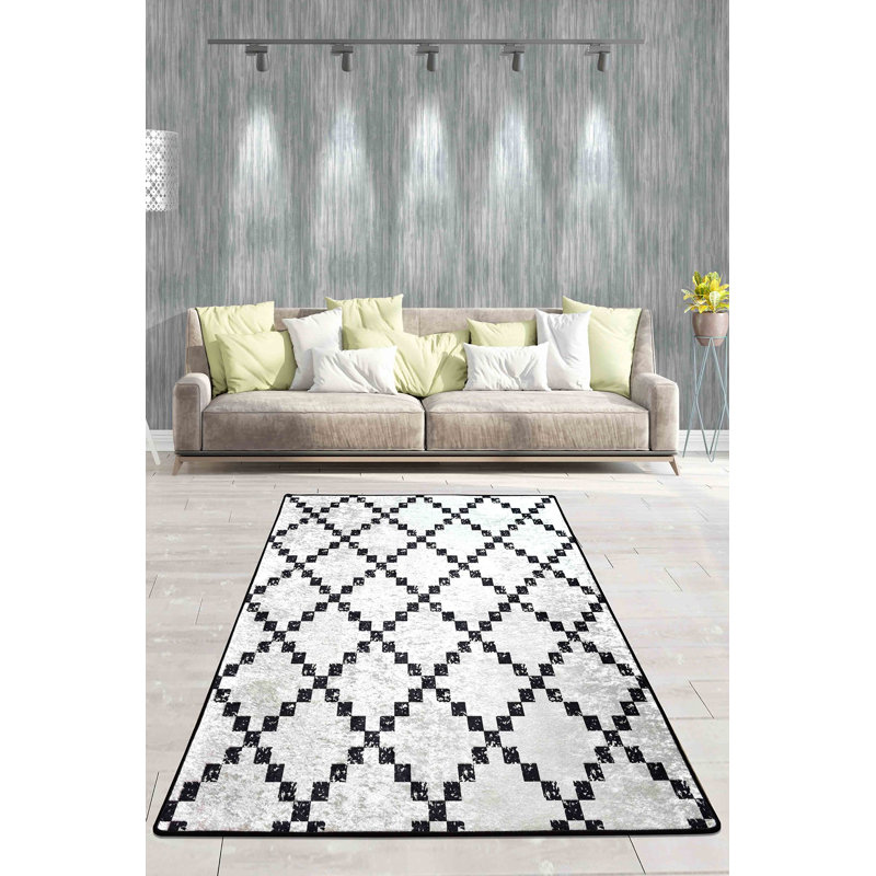 Premium Non-Slip Area Rug, 4.6 x 6.2 Feet, White & Black | 100% Polyester, 0.4 in Pile Height, Antibacterial, Machine Washable | Durable Felt Base, Perfect for Living Room & Bedroom Decor